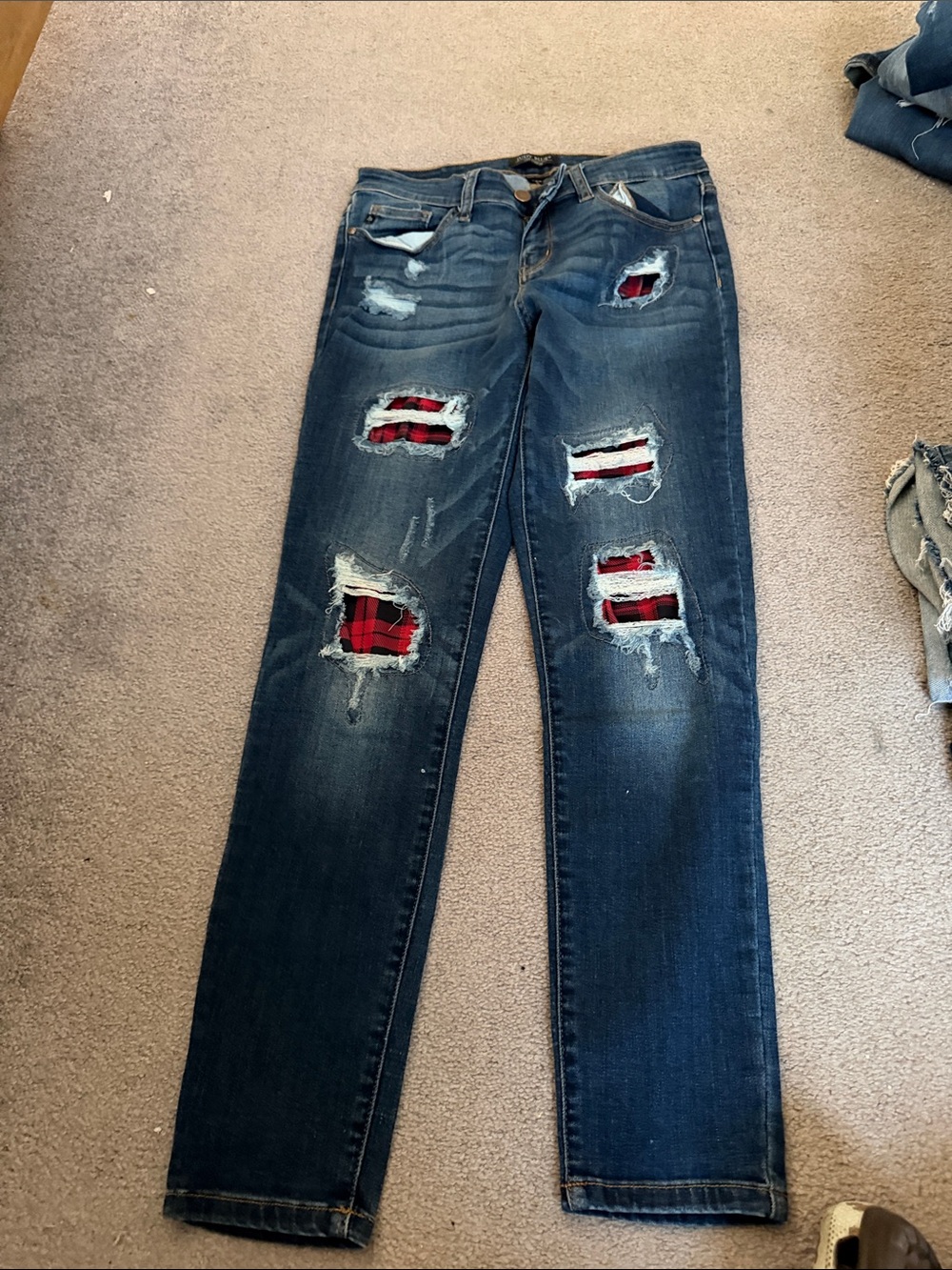 Judy Blue Dark Blue Skinny Jeans with Red Plaid Patch Accents